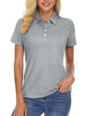 Women Silver Short Sleeve Golf Shirts 4-Button Quick Dry Collared Top for Gym